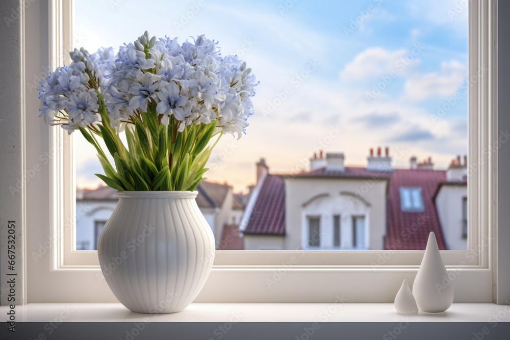Poster A vase of flowers sitting on a window sill. Perfect for adding a touch of nature and color to any room.