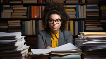 Woman sitting at desk surrounded by numerous books. This image can be used to depict studying, education, or bookworm lifestyle