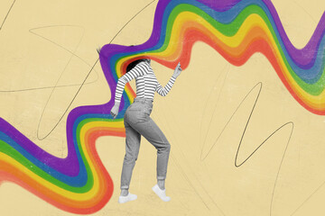 3d retro abstract creative artwork template collage of carefree lady rainbow instead of head isolated painting background