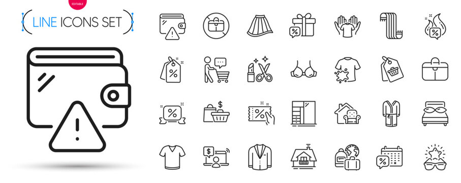 Pack of Discount coupon, Sale gift and Dirty t-shirt line icons. Include Discounts ribbon, Online shopping, Buyer think pictogram icons. Suit, Wallet, Balcony signs. T-shirt. Vector