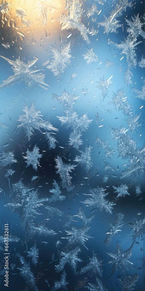 Poster A detailed close-up of frost crystals forming on a window. This image captures the intricate patterns and delicate beauty of the frost. Perfect for winter-themed designs and concepts.