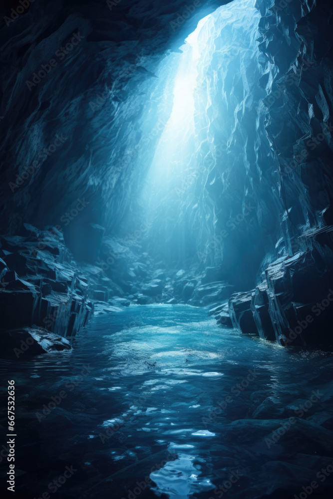 Poster a picture of a dark cave with a bright light shining out of it. this image can be used to depict dis