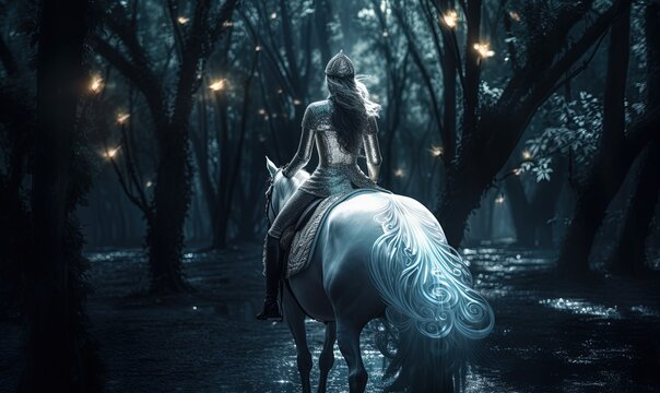 fairytale illustration of a woman warrior riding on white horse in forest, Generative Ai