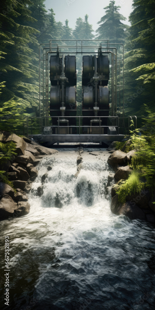 Poster a picture of a stream flowing through a vibrant and lush green forest. this image can be used to dep