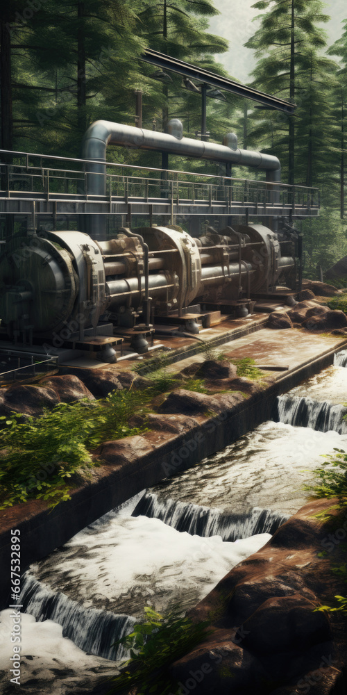 Poster a picturesque scene of a river running through a vibrant and dense green forest. this image can be u