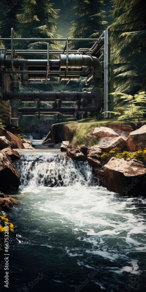 Poster A picture of a stream running through a lush green forest. This image can be used to depict the tranquility and beauty of nature.