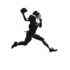 Black silhouette of a male American football athlete in-game action, throwing the football, running, passing, receiving, tackling, blocking, punting, intercepting the ball
