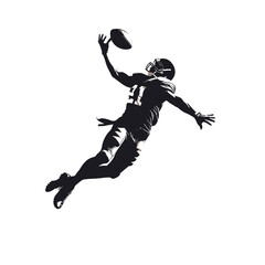 Black silhouette of a male American football athlete in-game action, throwing the football, running, passing, receiving, tackling, blocking, punting, intercepting the ball