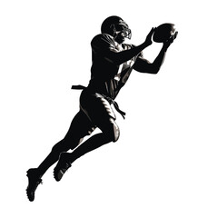 Black silhouette of a male American football athlete in-game action, throwing the football, running, passing, receiving, tackling, blocking, punting, intercepting the ball