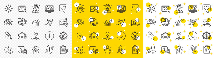 Outline Coins, Brand and Analytics graph line icons pack for web with Demand curve, Tractor, Chemistry pipette line icon. Web3, Scroll down, Dollar rate pictogram icon. Vector