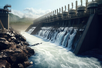A picture of a large dam with water flowing over it. This image can be used to depict the power and beauty of nature, as well as engineering and infrastructure projects. - obrazy, fototapety, plakaty