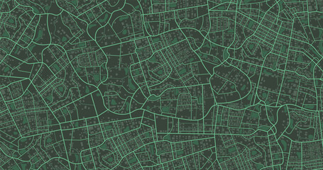 Green city area, background map, streets. Skyline urban panorama. Cartography illustration. Abstract transportation background, street map. Widescreen proportion, digital design street map. Vector