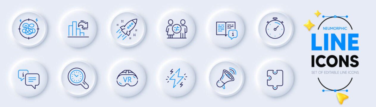 Puzzle, Megaphone and Info line icons for web app. Pack of Time management, Stress, Power pictogram icons. Vr, Manual, Decreasing graph signs. Startup rocket, Discrimination, Timer. Vector