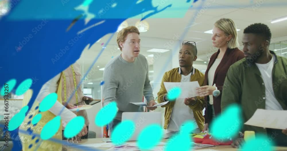 Poster animation of graphs, changing numbers and map over diverse coworkers sharing ideas in office