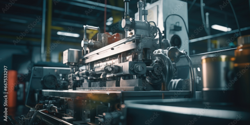 Poster a machine sitting in a factory. can be used to represent manufacturing, industry, or automation.