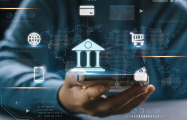 Human use smartphone with online banking digital technology, mobile banking, shopping, payment, finance, bank, withdraw money, account, transfer, credit card, financial and global business online
