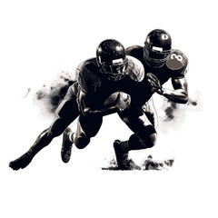 Black silhouette of a male American football athlete in-game action, throwing the football, running, passing, receiving, tackling, blocking, punting, intercepting the ball
