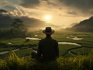 Male farmer wearing a straw hat harvesting a rice field in a rural setting