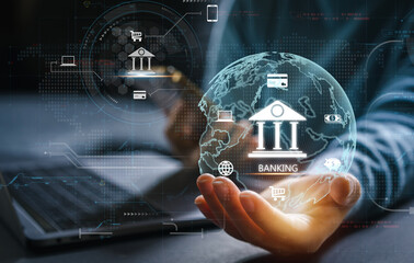 Human holding with online banking digital technology, mobile banking, shopping, payment, finance,...