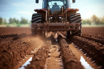 A tractor is seen plowing a field with dirt. This image can be used to depict agricultural activities or farming practices. - obrazy, fototapety, plakaty