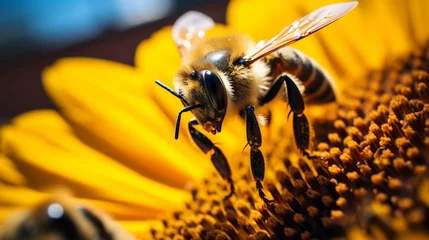 Gordijnen An extreme close-up of a bee landing on a vibrant sunflower, pollen dusting its legs. © baloch