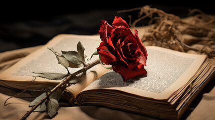 Single Rose Between Book Pages - obrazy, fototapety, plakaty