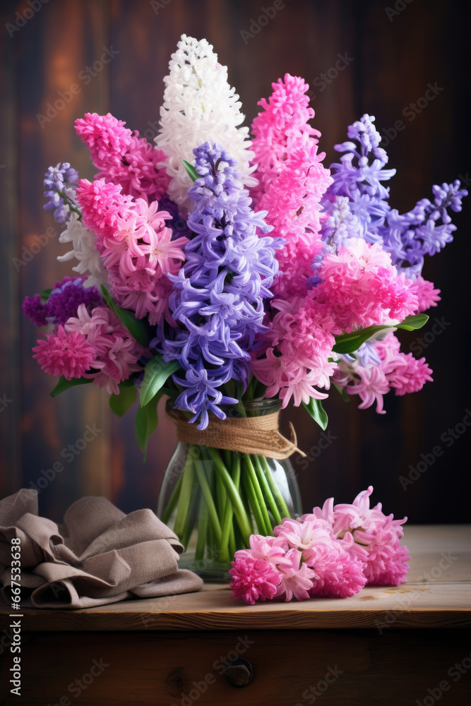 Poster a vase filled with a beautiful arrangement of purple and white flowers. perfect for adding a touch o