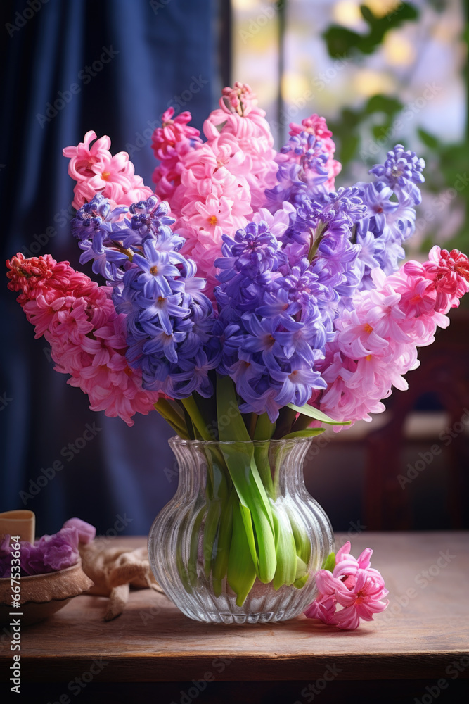 Poster a vase filled with purple and pink flowers. perfect for adding a touch of color and freshness to any