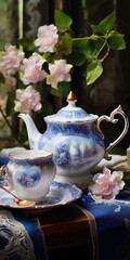 A simple and elegant blue and white tea set placed on a table. Perfect for adding a touch of sophistication to any tea party or afternoon tea gathering.