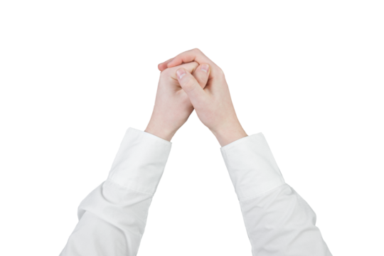 Businessman's hands folded together. Brainstorm idea