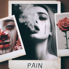 polaroid shots of woman face crying, roses and pain