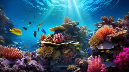 An underwater view of a coral reef teeming with colorful fish and marine life.