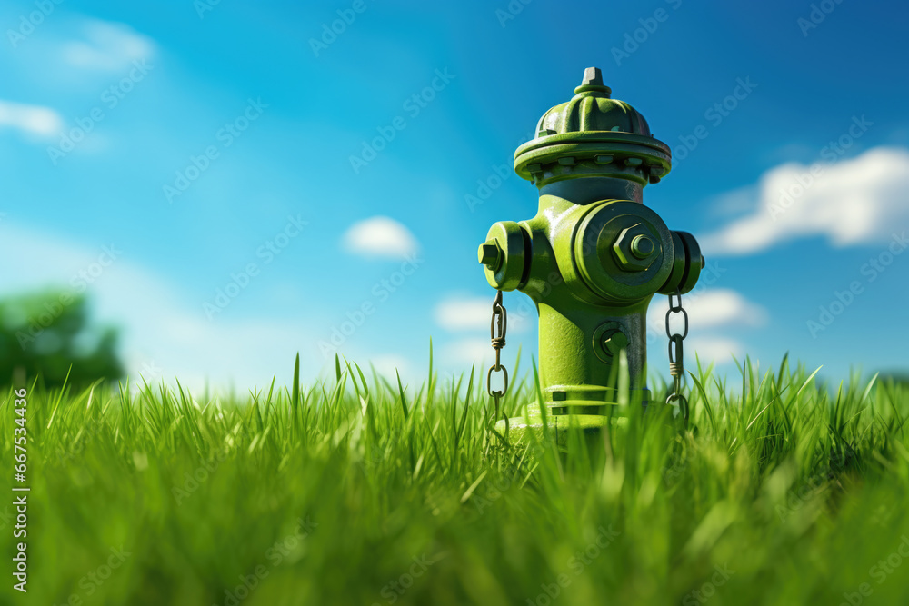 Poster a green fire hydrant sitting in the middle of a field. this image can be used to represent safety me