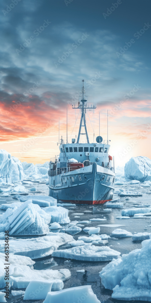 Poster a picture of a boat in the water surrounded by icebergs. this image can be used to depict the beauty