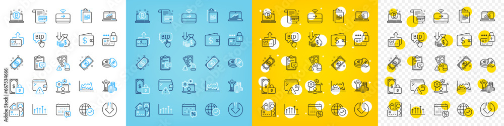 Poster vector icons set of online job, contactless payment and checklist line icons pack for web with bitco
