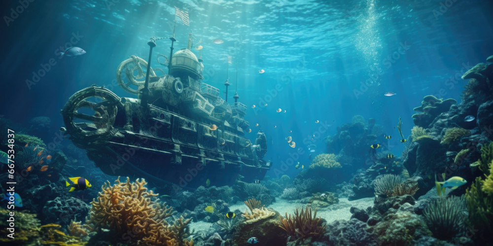 Poster An underwater scene featuring a ship floating in the water. This image can be used to depict underwater exploration, maritime adventures, or the mysteries of the deep sea.