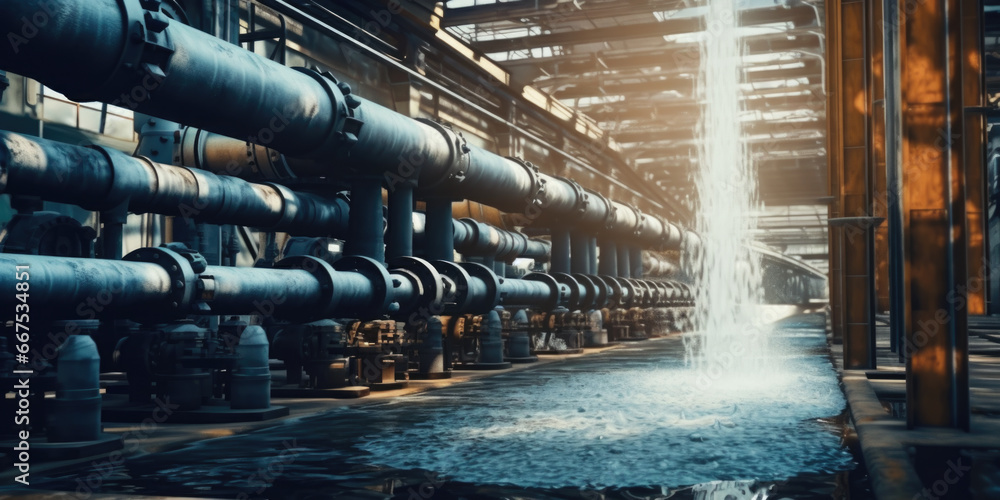 Poster A spacious room filled with numerous pipes. This image can be used to depict industrial settings or to represent complex systems and infrastructure.