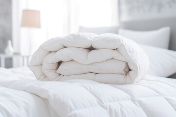 White folded duvet lying on white bed background. Preparing for winter season, household, domestic activities, hotel or home textile - obrazy, fototapety, plakaty