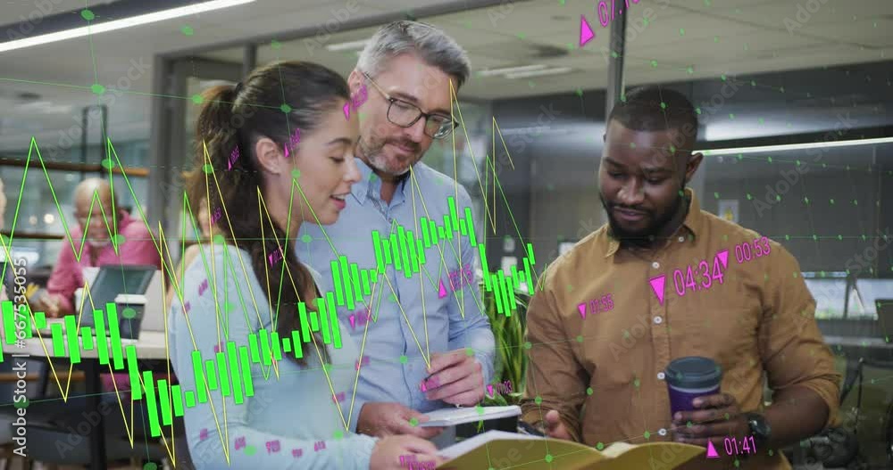 Poster animation of multiple graphs with changing numbers over diverse coworkers discussing reports