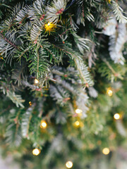 Close Up of Christmas tree decorated with illuminated garland with flashlights. Space for text