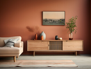 Scandinavian Living Room with Terracotta Planks and Mocha Walls