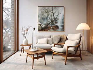 Scandinavian Living Room with Teak Planks and Linen Walls