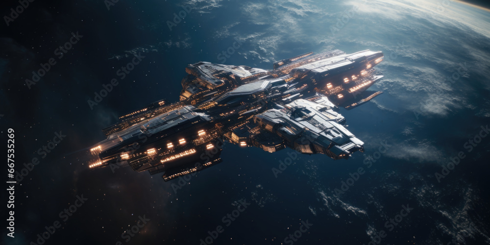 Poster A large space ship floating in the air. Perfect for science fiction enthusiasts and futuristic concepts.