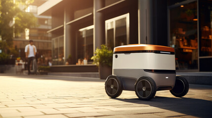  Autonomous food Delivery Vehicle driving in the city. Self driving delivery robot car