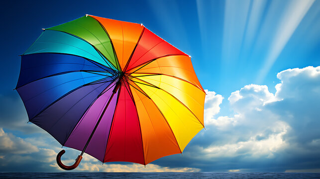 Rainbow Umbrella against a Cloudy Sky