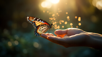 Hand Touching a Butterfly's Wing - obrazy, fototapety, plakaty