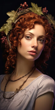 A woman wearing a wreath made of grapes on her head. This picture can be used to represent harvest festivals, wine-making, or Greek mythology themes.