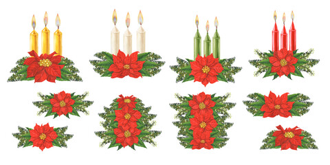 Watercolor Christmas composition with green fir branches, red poinsettia flower and candles