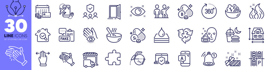 Money calendar, Waterproof and Flight destination line icons pack. Fire energy, Clapping hands, Salad web icon. Fake document, Cook, Reminder pictogram. Multitasking gesture. Vector - obrazy, fototapety, plakaty