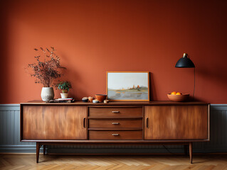 Scandinavian Living Room with Terracotta Planks and Mocha Walls